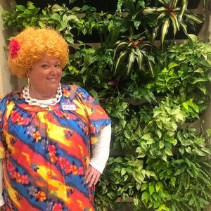 Roper Romp attire!!  Muumuu, wig, flower, necklace, and earrings.  #icon